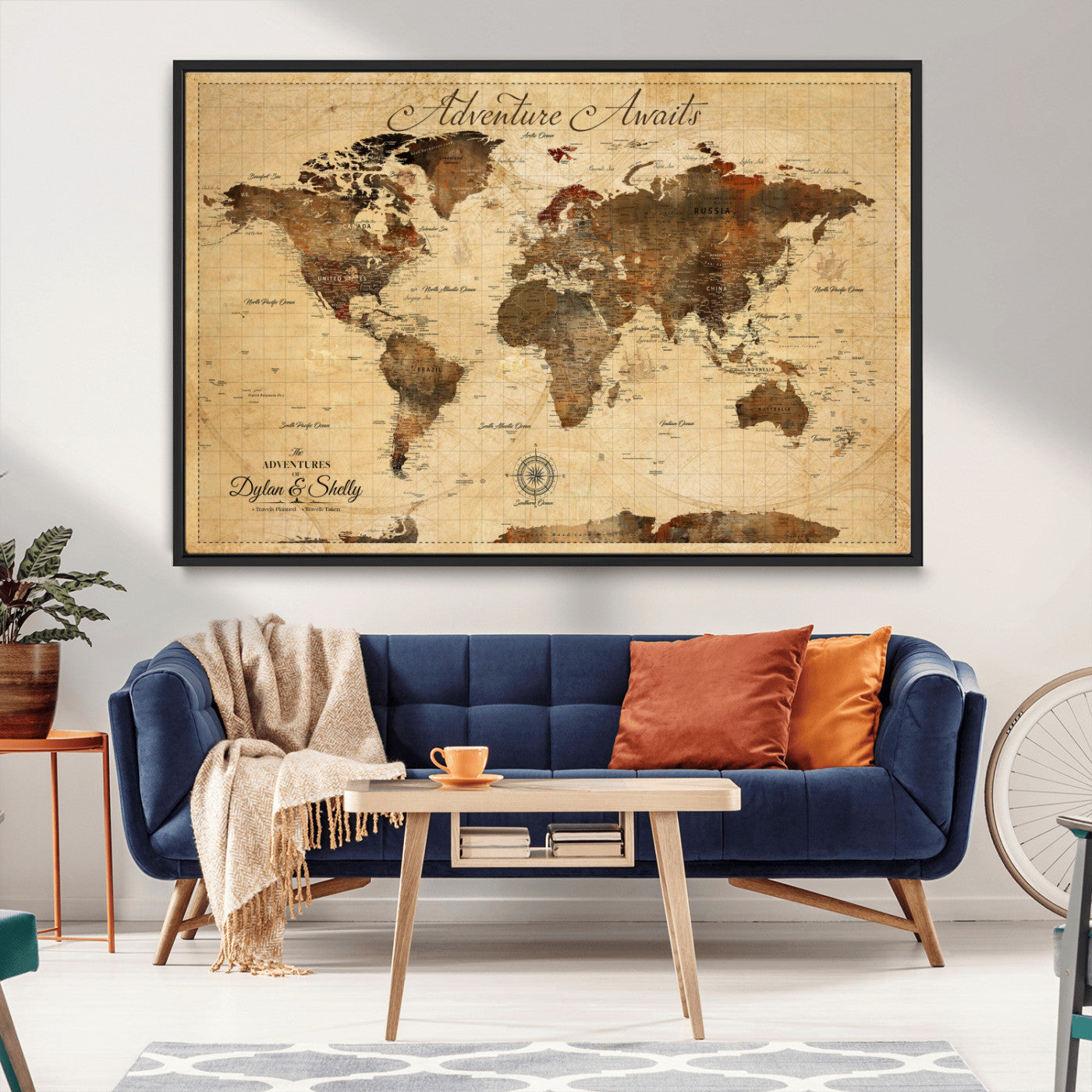 Rehber01-MGV-CV-36X24-Personalized World Map Canvas Wall Art – Custom Framed Push Pin Travel Tracker Print, Unique Gift for Home or Office Decor