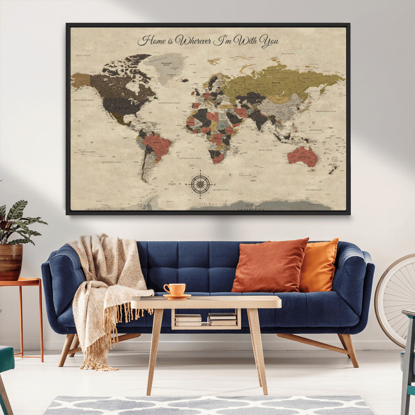 -Personalized World Map Wall Art Canvas Print – Customizable Push Pin Framed Travel Map Artwork for Home Office