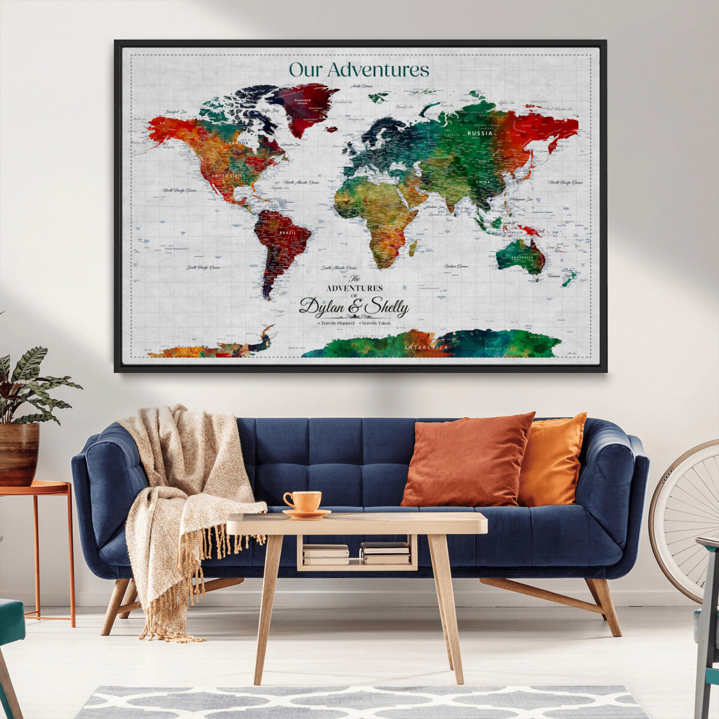 Rehber01-MGV-CV-36X24-Personalized World Map Canvas Wall Art – Custom Framed Push Pin Travel Tracker Print, Unique Gift for Home or Office Decor