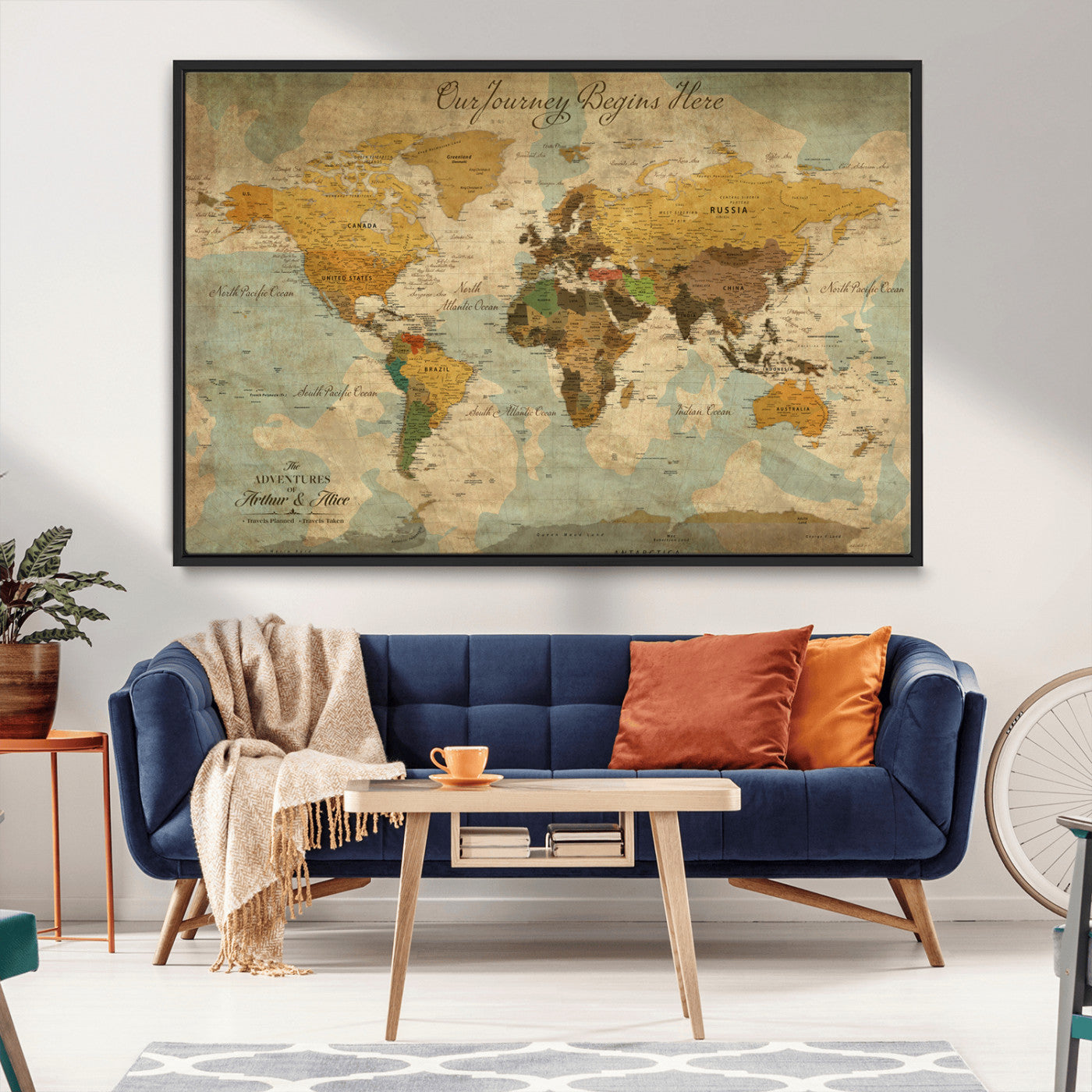Rehber01-MGV-CV-36X24-Personalized World Map Canvas Wall Art – Custom Framed Push Pin Travel Tracker Print, Unique Gift for Home or Office Decor