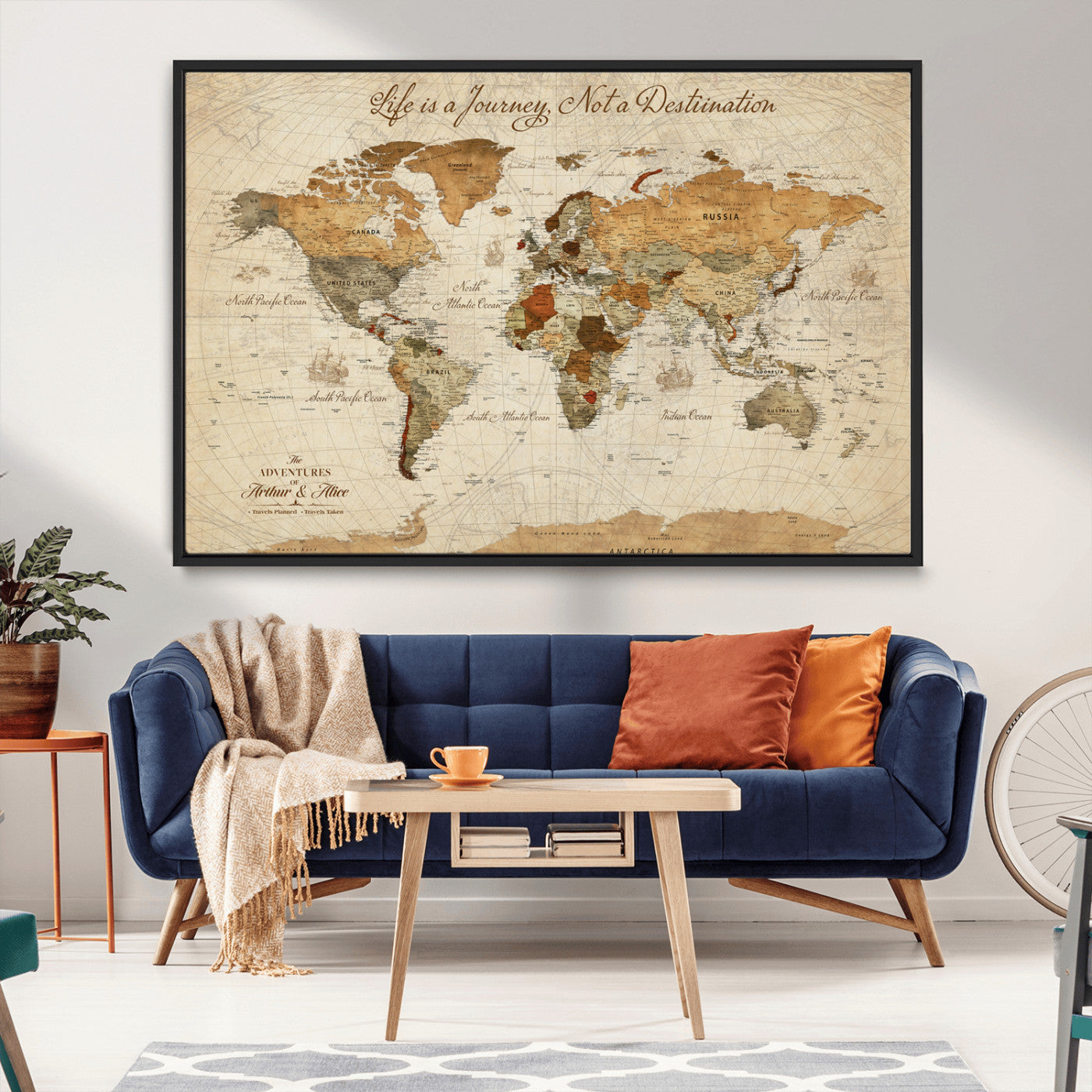 Rehber01-MGV-CV-36X24-Personalized Framed World Map Wall Art Canvas Print – Custom Push Pin Travel Tracker Handcrafted USA for Home Office