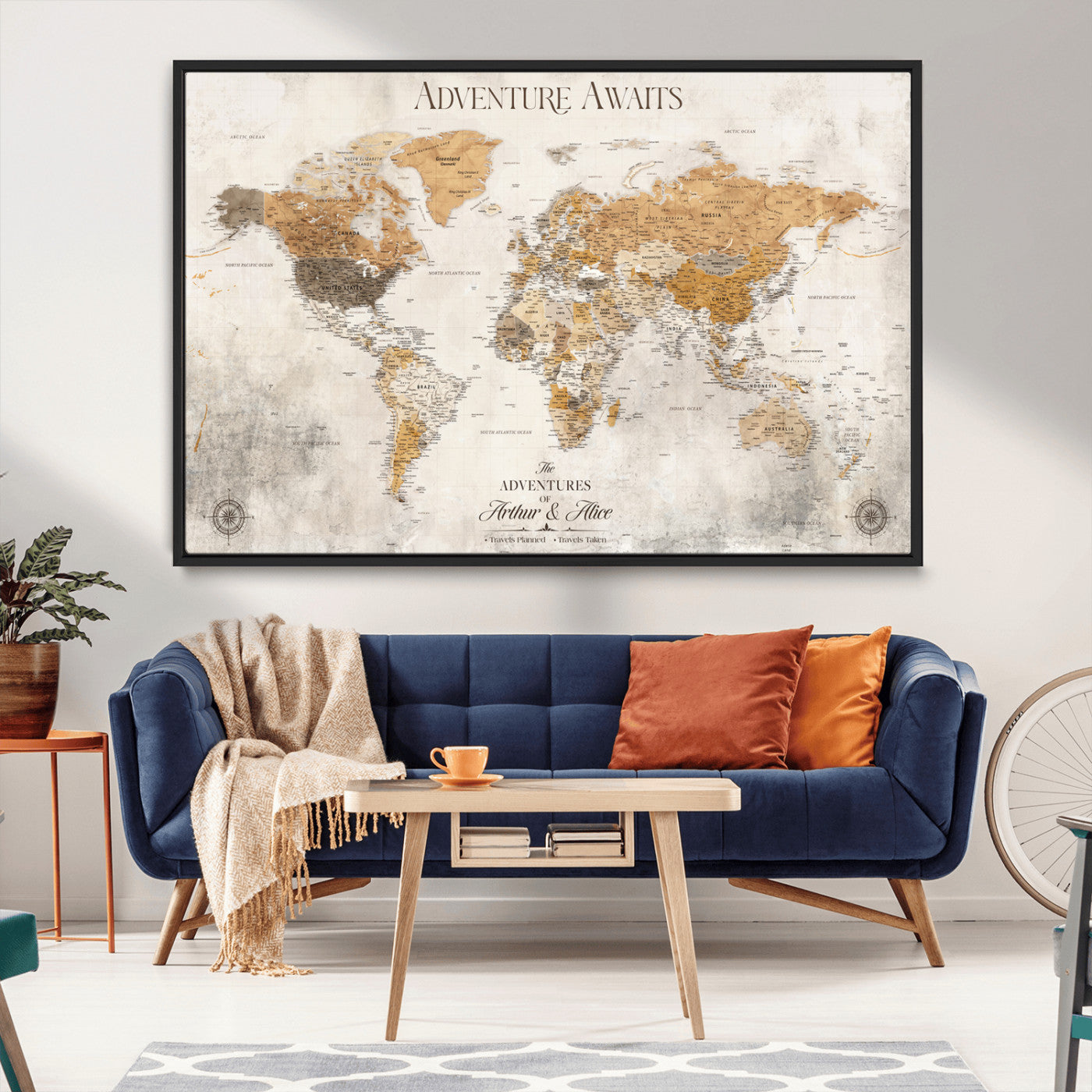 Rehber01-MGV-CV-36X24-Personalized World Map Canvas Print – Custom Push Pin Travel Map Vintage Neutral Style Gift for Couples Travelers for Home Office
