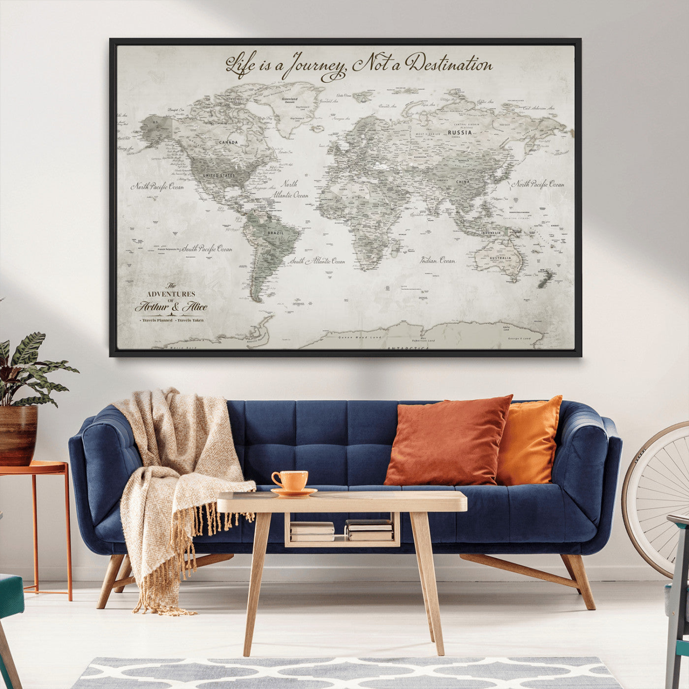 11398637-MGV-CV-36X24-Personalized Vintage World Map Canvas Print – Framed Push Pin Travel Tracker Neutral Elegant Artwork for Home, Office