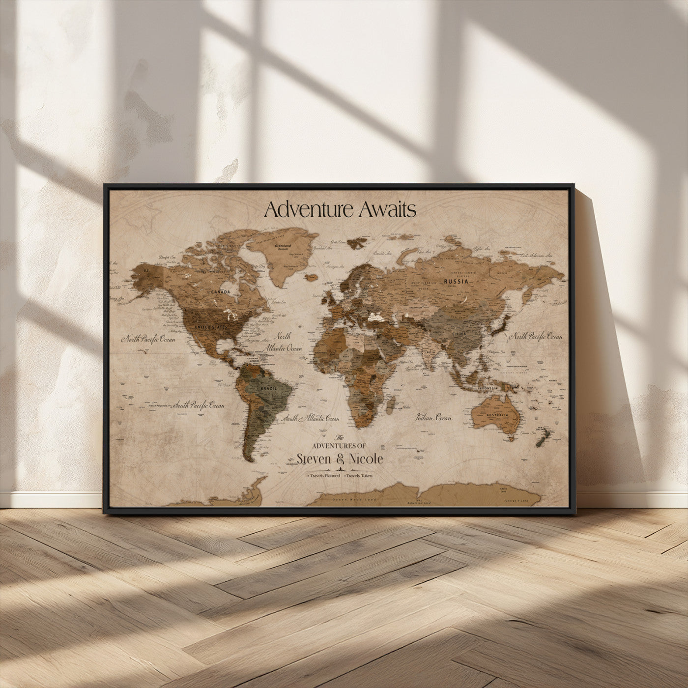 26070282-MGV-FC-36X24_Black-Personalized Push Pin World Map Canvas – Custom Framed Travel Tracker Wall Art, Large Adventure Map with Pins for Home, Office