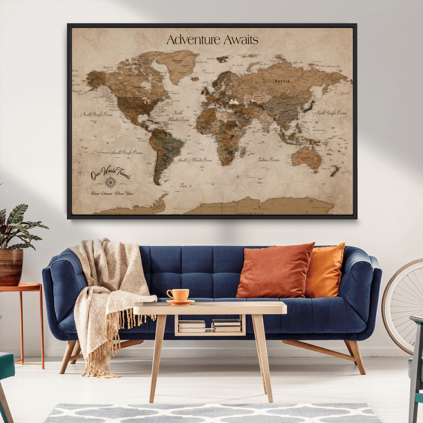 Rehber01-MGV-CV-36X24-Personalized Framed World Map Wall Art Canvas – Custom Push Pin Travel Map with 100 Pins Foam Backing for Home Office