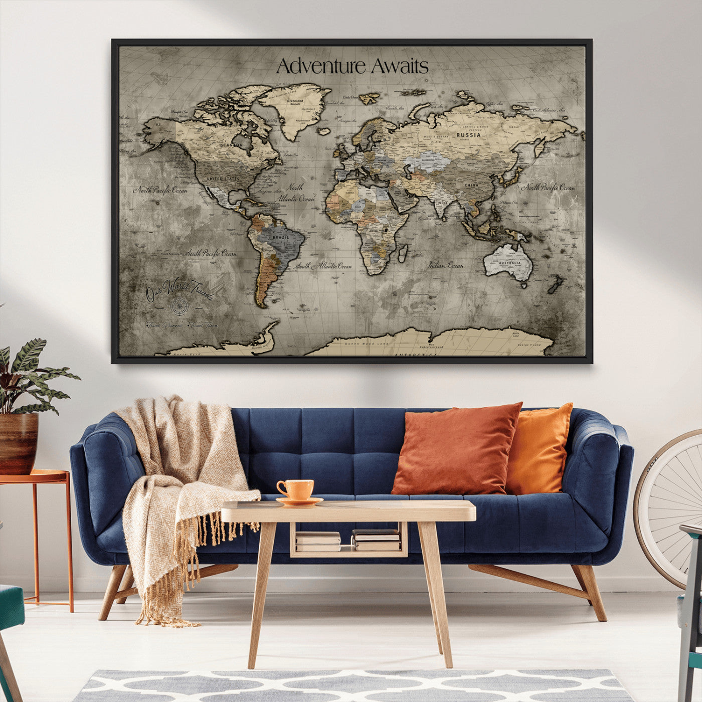 -Tree Rings Wall Art Canvas Print, Framed Wood Texture Art Picture Print, Blue Grain Perfect Rustic