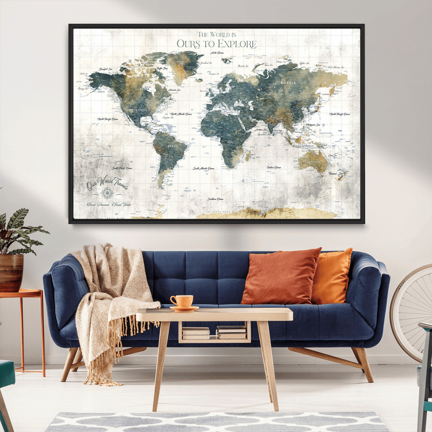 -Custom Push Pin World Map Wall Art Canvas Print – Adventure Travel Tracker Map with Pins Artwork for Home Office