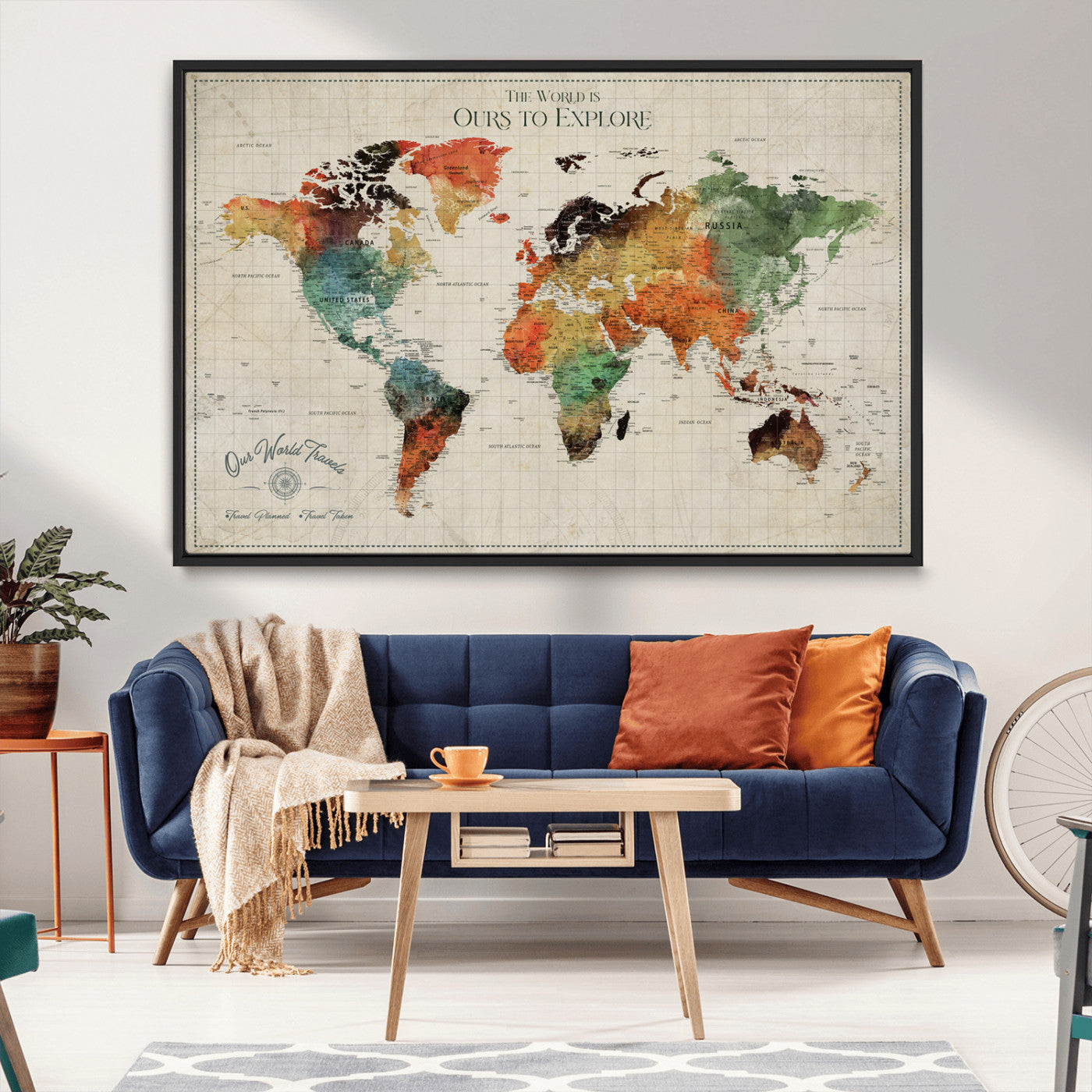 Rehber01-MGV-CV-36X24-Custom Push Pin World Map Wall Art Canvas Print – Personalized Travel Tracker Map Framed Artwork for Home Office