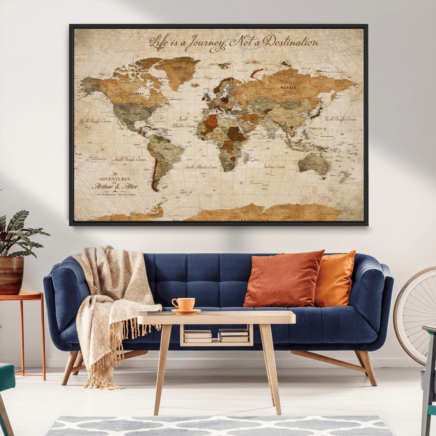 Rehber01-MGV-CV-36X24-Personalized Vintage World Map Canvas – Custom Framed Push Pin Travel Map Wall Art, Rustic Gift for Couples and Travel Lovers