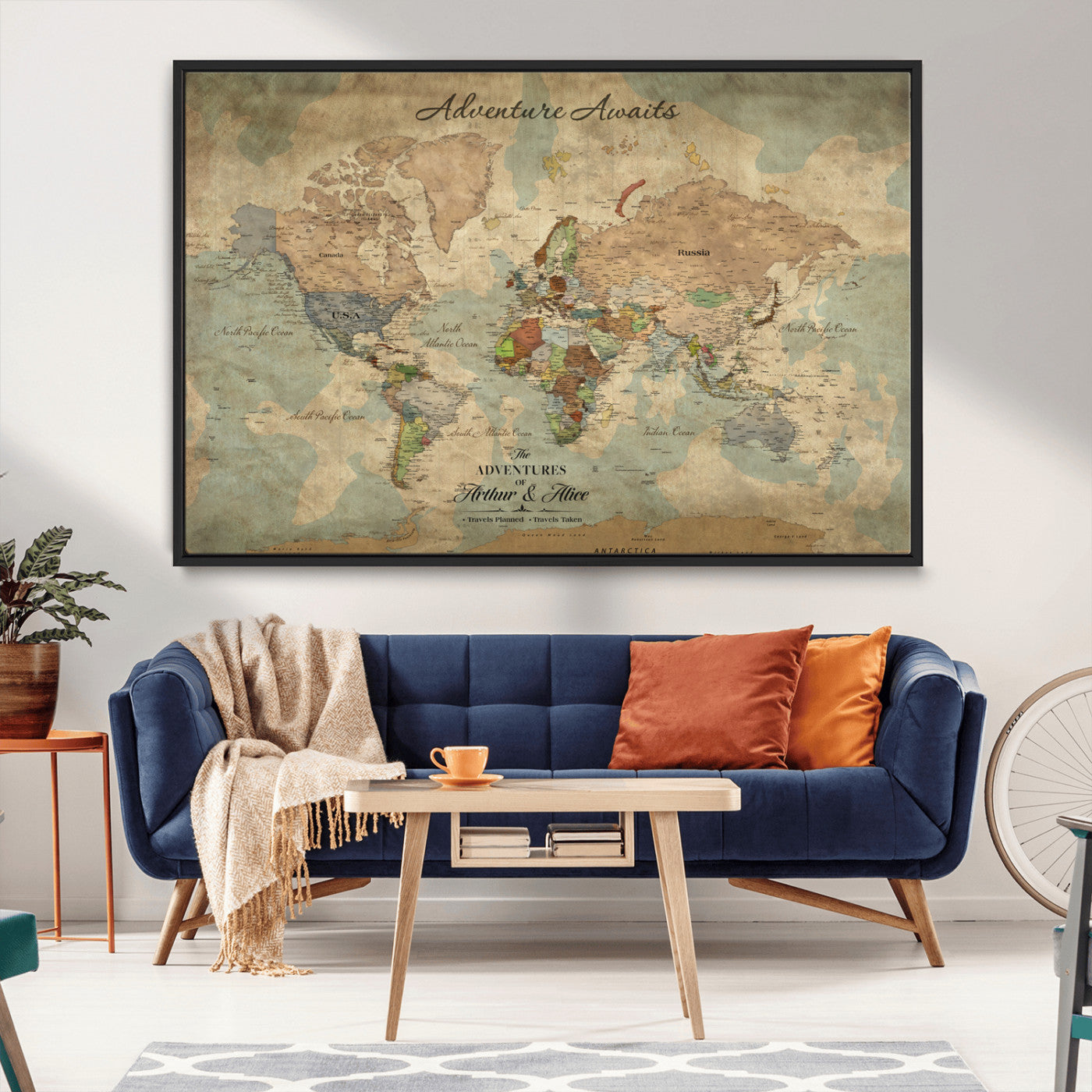Rehber01-MGV-CV-36X24-Personalized Vintage World Map Canvas Print – Custom Push Pin Travel Map Antique Style Gift for Couples Travelers for Home Office