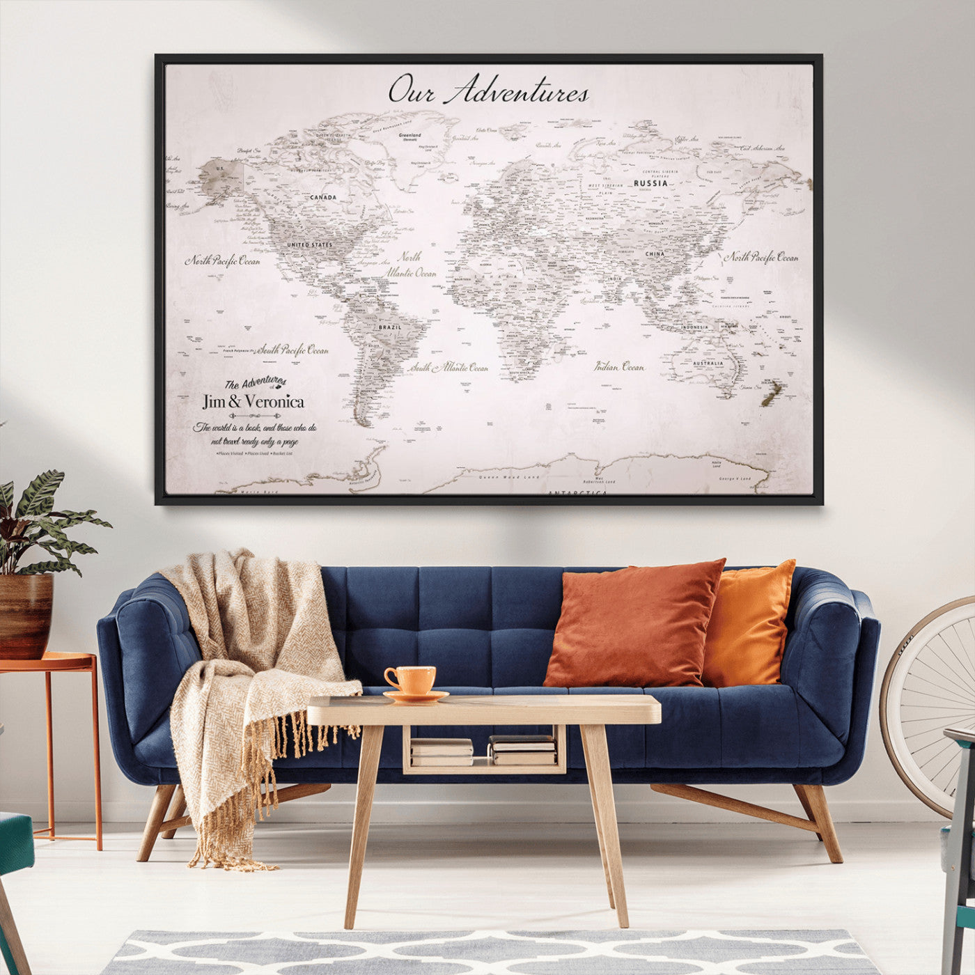 -Customize Push Pin World Map Wall Art Canvas Print – Personalized Travel Map with Foam Pins Framed for home, office