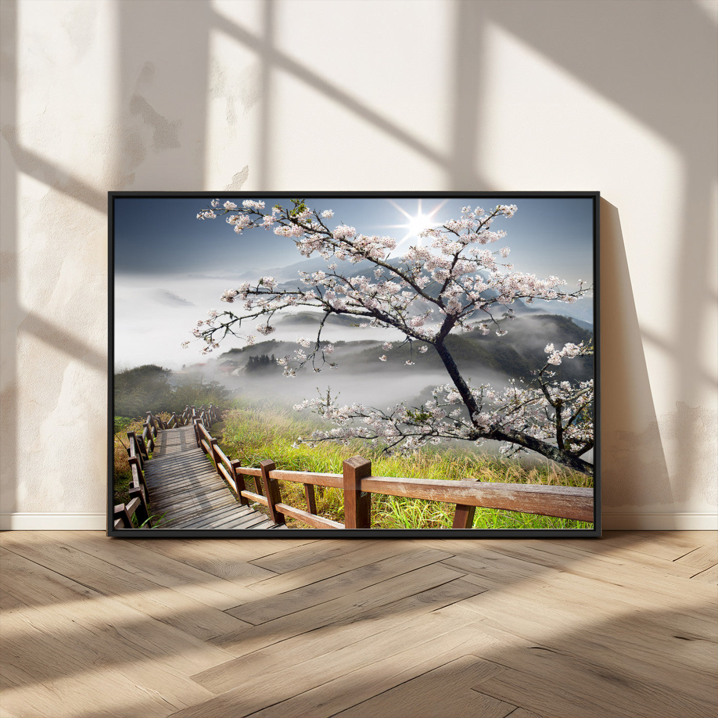 34632598CRY-MGV-FC-36X24_Black-Sakura Cherry Blossom Pathway Canvas Wall Art – Tranquil Walk Through Blossoming Nature – Ready to