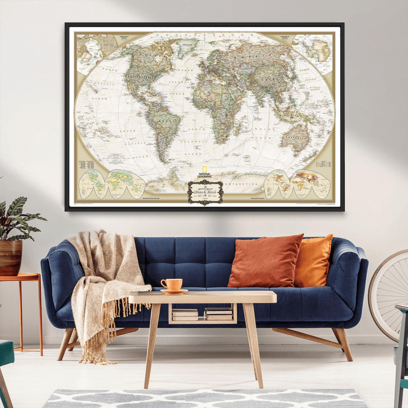 -World Map Wall Art Canvas – National Geographic Style Framed Map Print, Elegant Educational Wall Decor for Home, Office