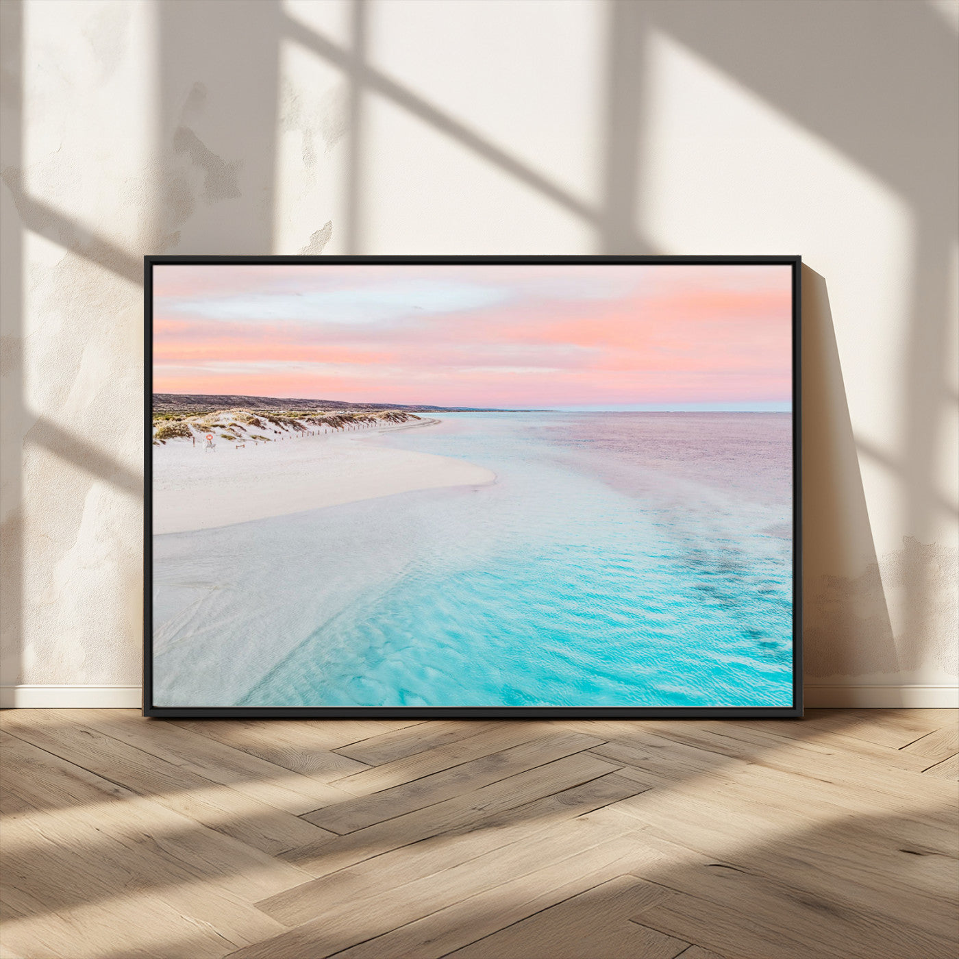 41613614-MGV-FC-36X24_Black-Serene Pastel Beach Wall Art Canvas Print, Tranquil Coastal Sunset with Soft Ocean Hues Artwork for Home, Office