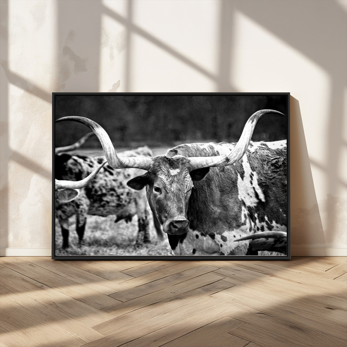 15425553-MGV-FC-36X24_Black-Black & White Longhorn Cattle Wall Art Canvas Print, Rustic Farmhouse Western Design Artwork for Home, Office