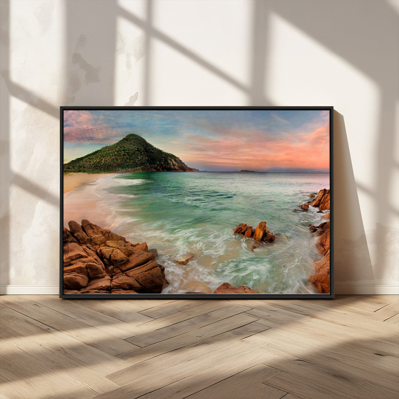 53831025-MGV-FC-36X24_Black-Stunning Coastal Landscape with Rocky Shore and Green Hills at Sunset – Beautiful Ocean View Wall Art Canvas Print for Serene Home Decor.