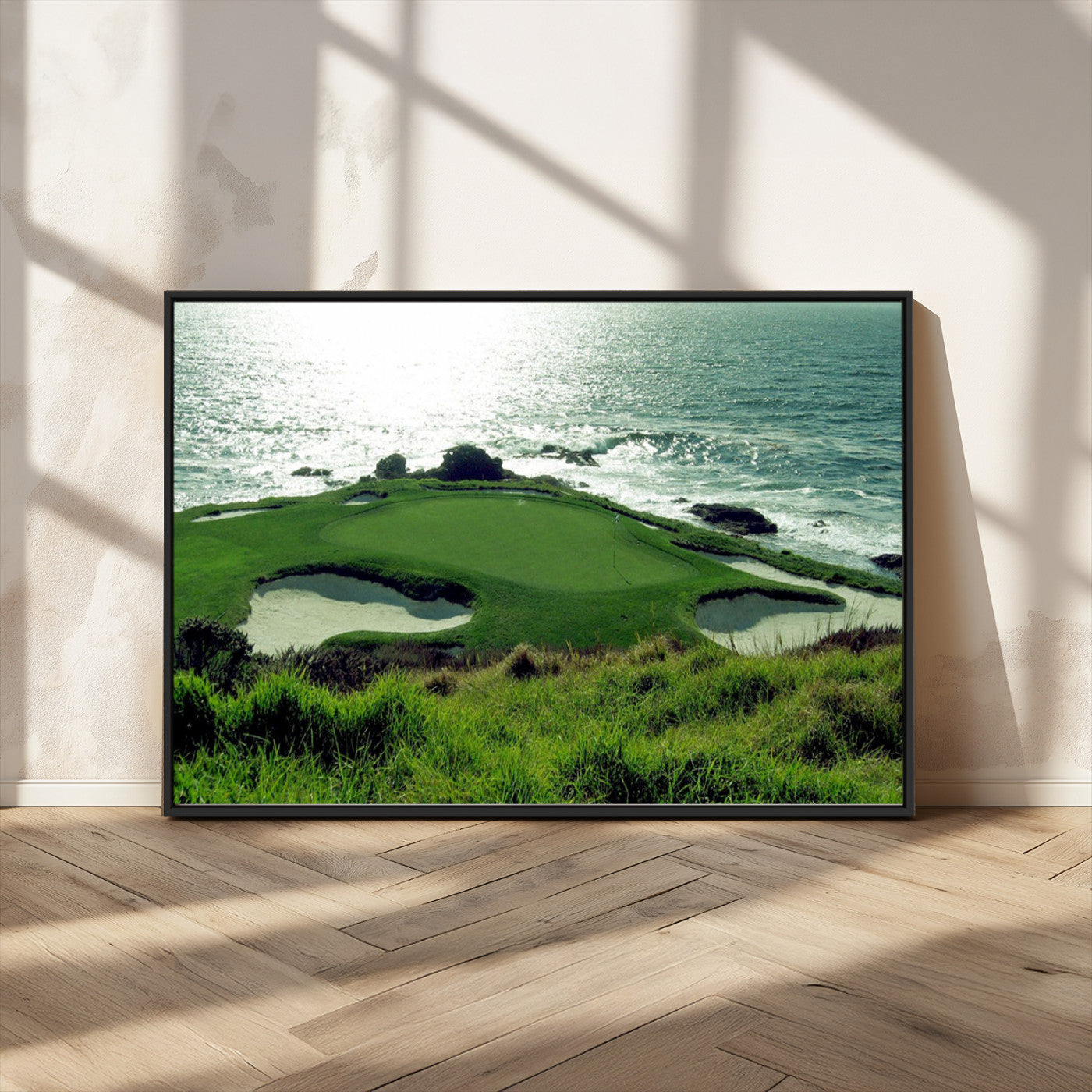 48473947-MGV-CV-36X24-Coastal Golf Course Wall Art Canvas Print – Scenic Green Surrounded by Sand Bunkers and Ocean Waves Artwork for Home, Office