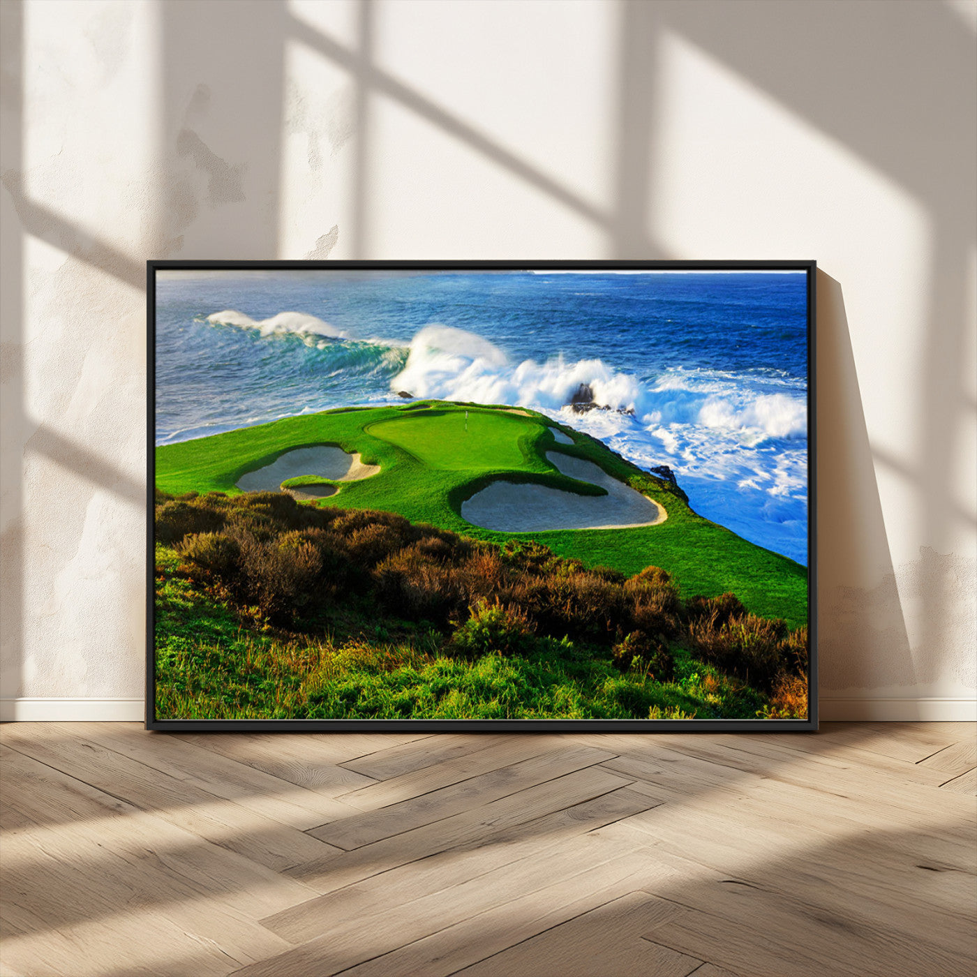 34181847-MGV-CV-36X24-Coastal Golf Course Wall Art Canvas Print – Vibrant Green with Sand Bunkers Overlooking Ocean Waves Artwork for Home, Office
