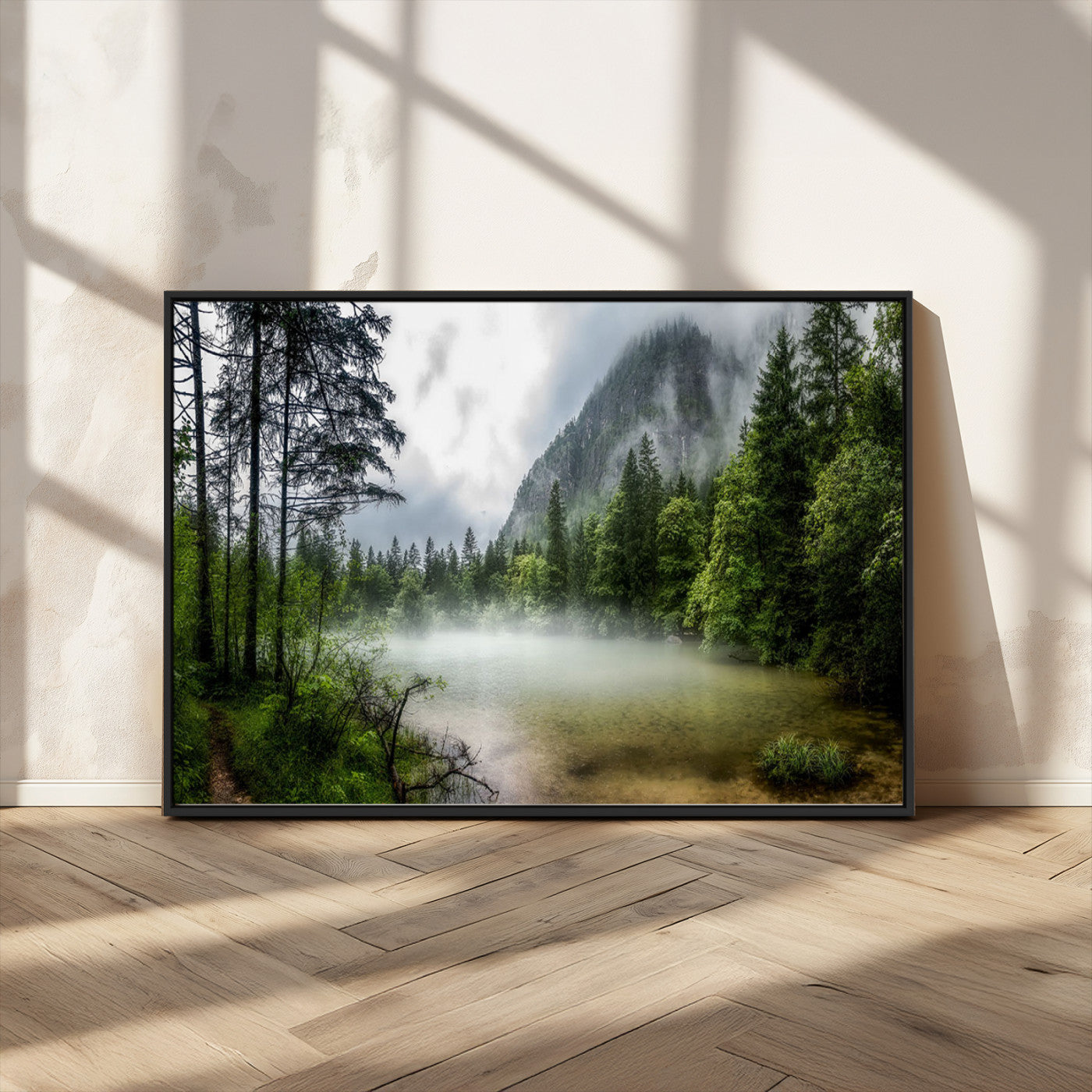 -Misty Lake Forest Green Trees Calm Water Reflection Mountain Fog Nature Landscape Outdoor Scenic
