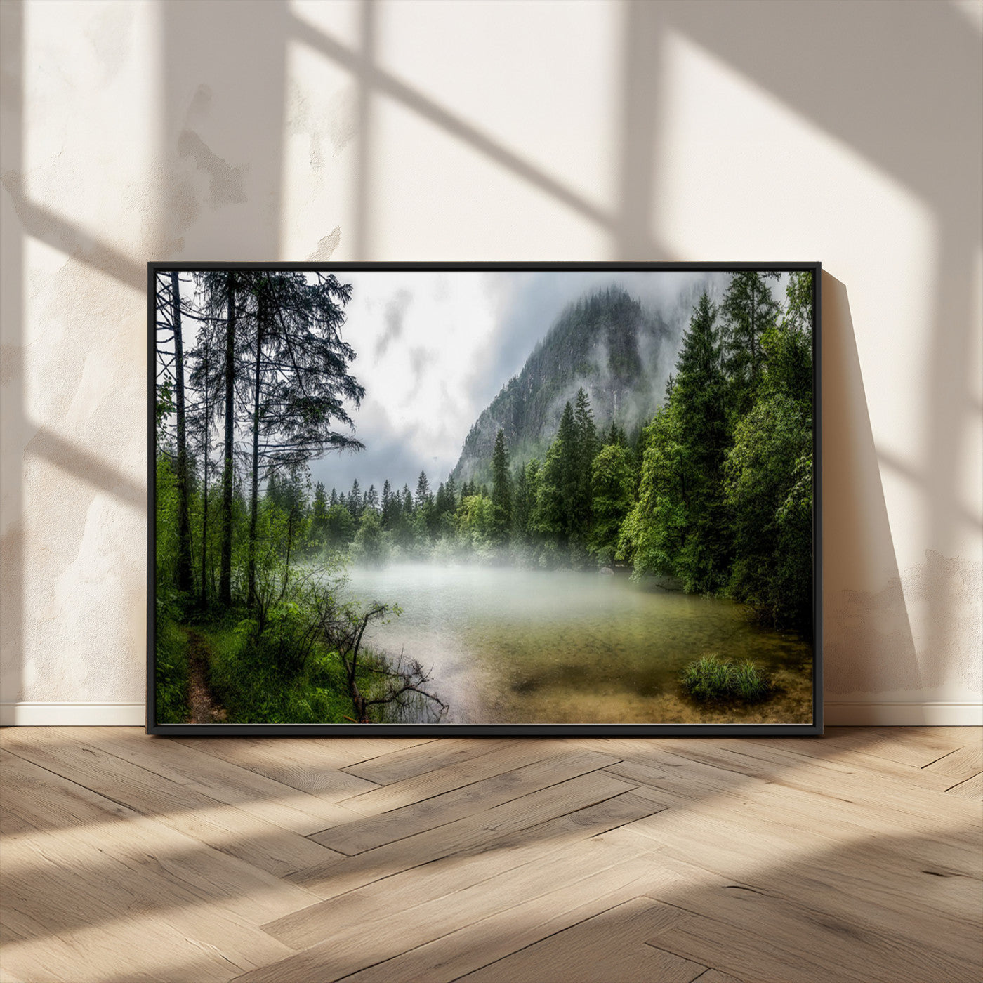 93123937-MGV-FC-36X24_Black-Misty Lake Forest Green Trees Calm Water Reflection Mountain Fog Nature Landscape Outdoor Scenic Beauty Wall Art Canvas Print