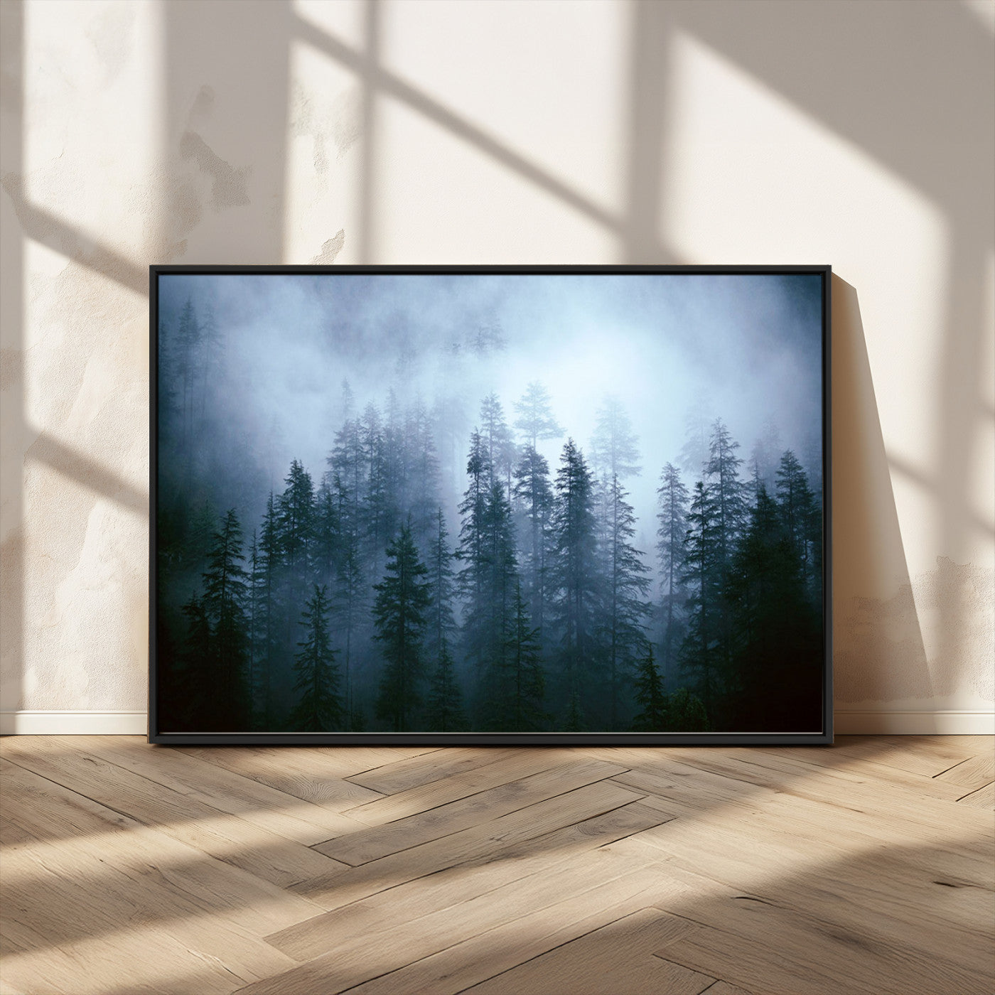 93439624-MGV-CV-36X24-Foggy Evergreen Pines Mist Forest Blue Haze Moody Atmospheric Wilderness Nature Trees Scenic