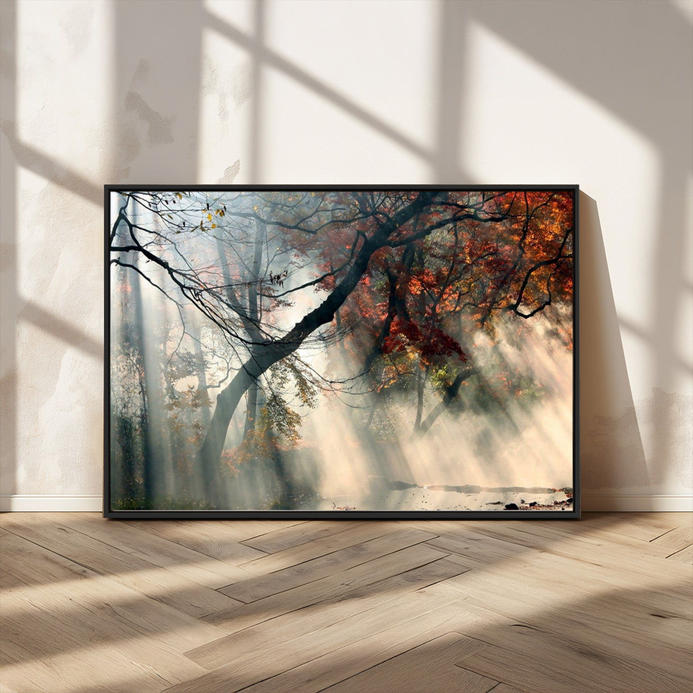 36043878-MGV-CV-36X24-Sunlit Autumn Forest Wall Art Canvas Print – Framed Mist Trees Scene with Peaceful Rays Artwork for Home, Office