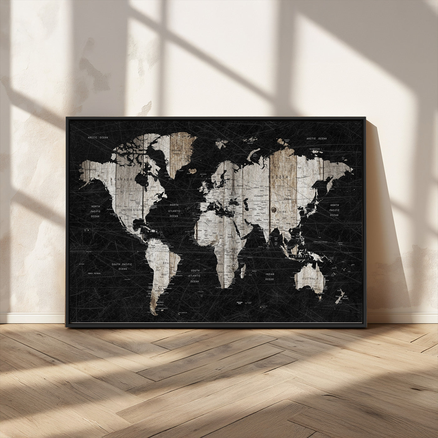 89998-MGV-CV-36X24-Rustic Black and Wood World Map Canvas Wall Art – Framed Push Pin Travel Map for Home and Office Decor, Modern Vintage Wall Artwork