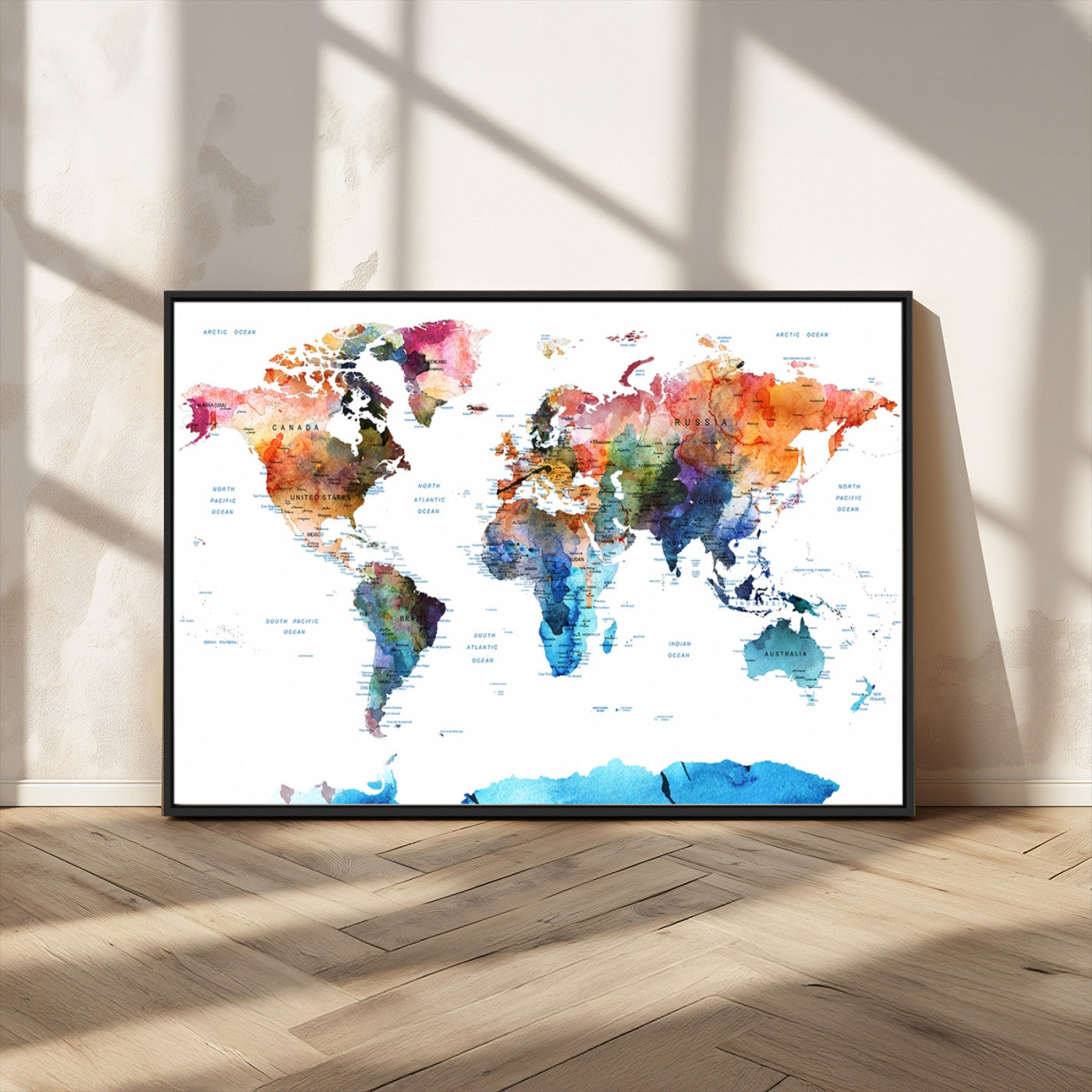 11576-MGV-CV-36X24-Vibrant Watercolor World Map Canvas Wall Art – Framed Push Pin Travel Map for Home and Office Decor, Modern Colorful Wall Artwork
