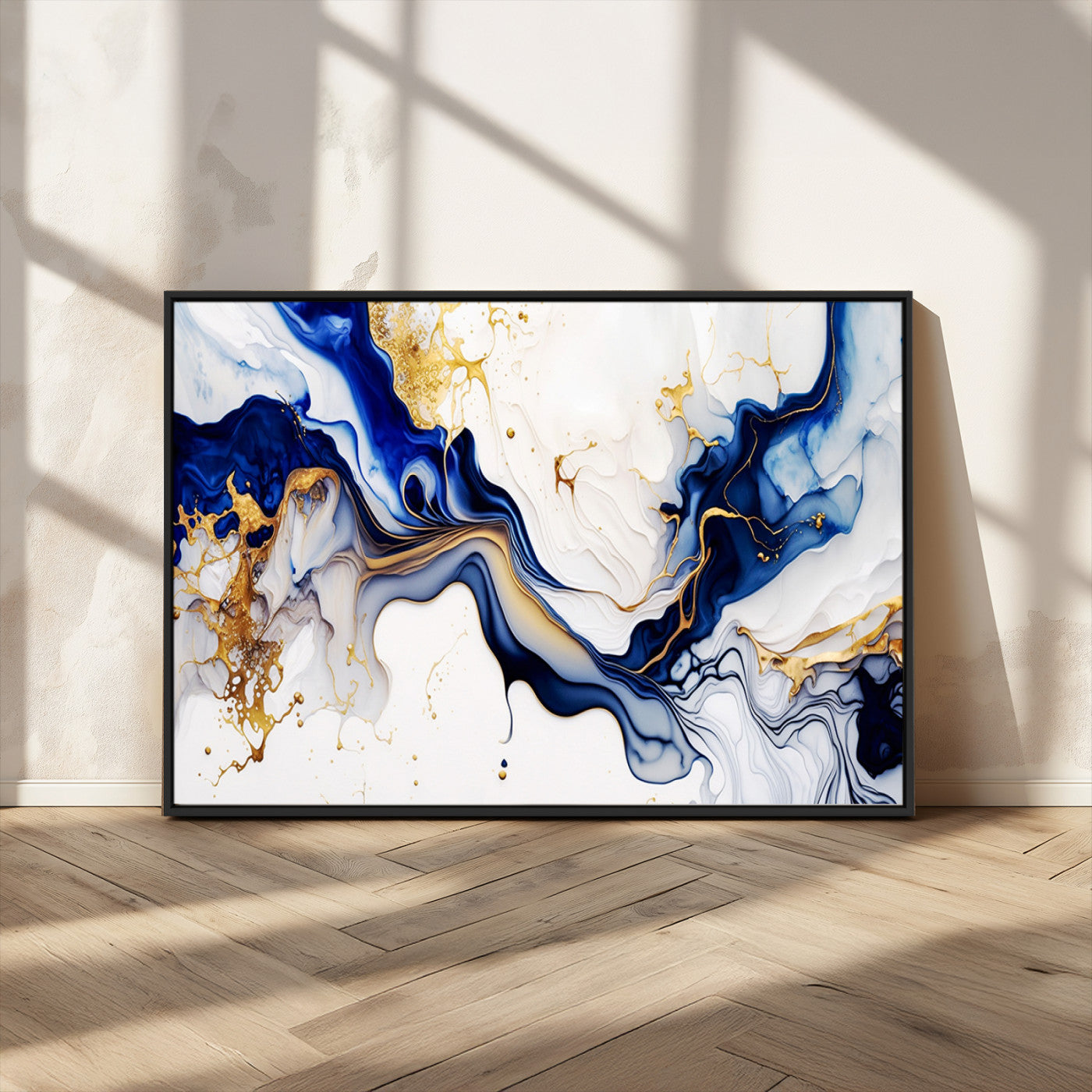 93392-MGV-CV-36X24-Golden Cascades on Midnight Blue – Deep Blue Abstract Wall Art Flowing Elegance | Wall Art Canvas,