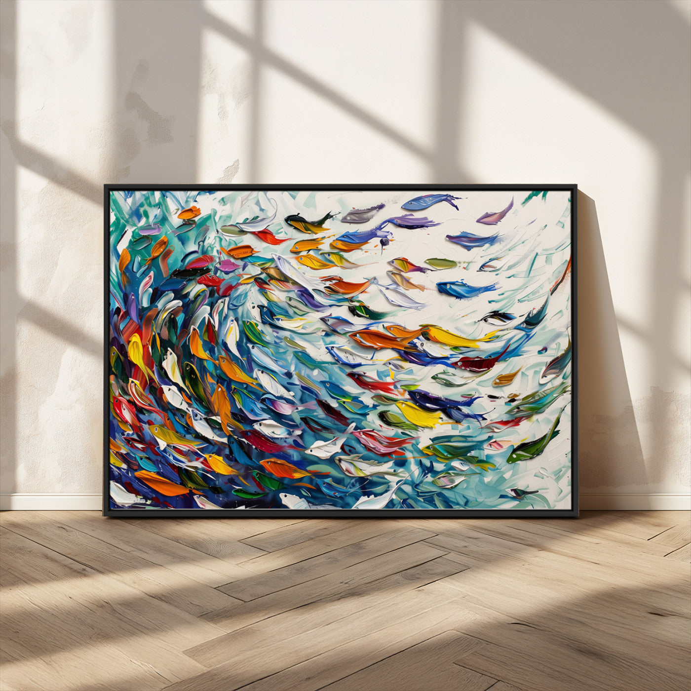 -Modern Abstract Fish Shoal Wall Art Canvas Print, Colorful Fish Herd Painting on Canvas Print, Ocean