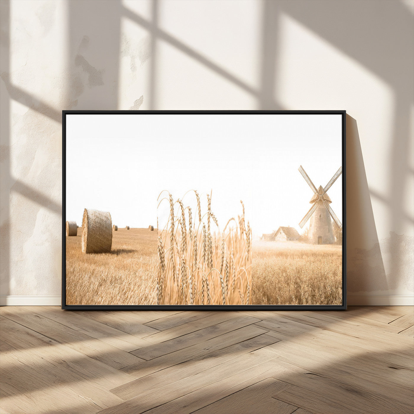 88780-MGV-FC-36X24_Black-Vintage Farmhouse Triptych Wall Art – Giclée Canvas Featuring Wheat Fields, Hay Bales, and a