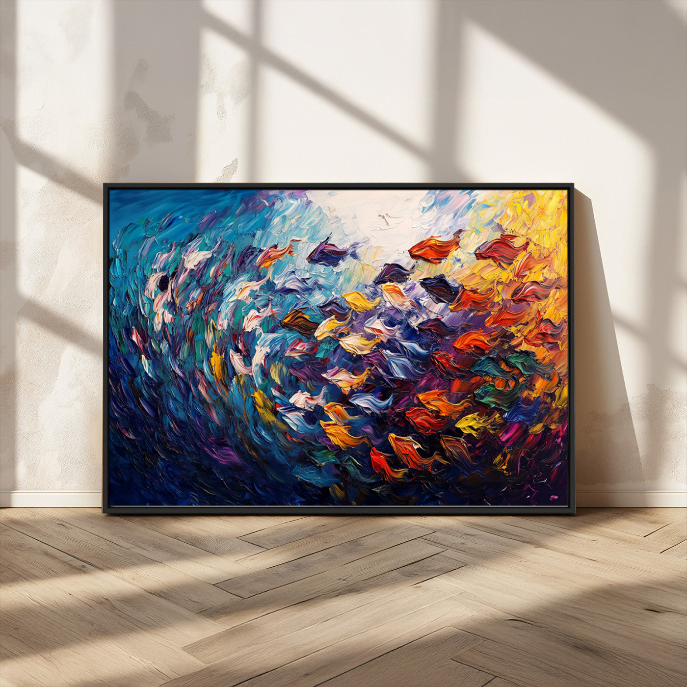 78292-MGV-FC-36X24_Black-Vibrant Abstract Fish Swarm Art – Colorful Fish Inspired 3-Piece Canvas Wall Art for Living Room or