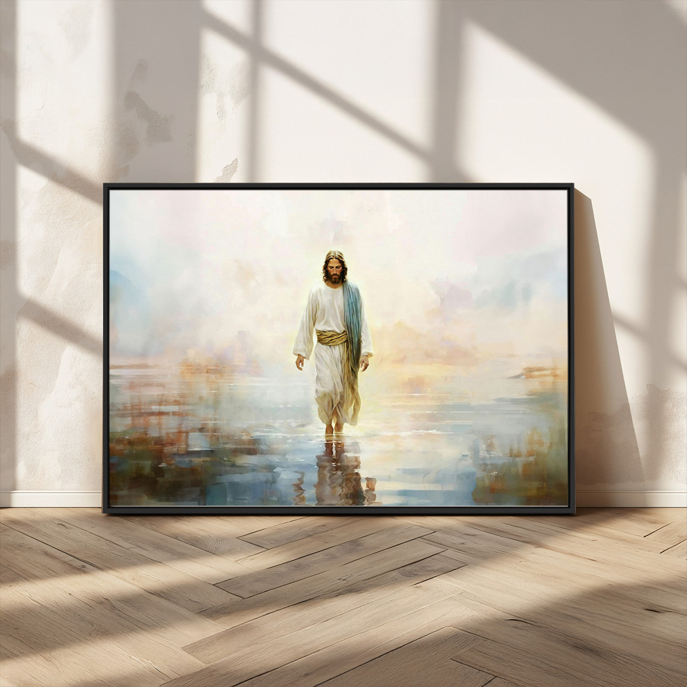 -Framed Jesus Walking on Water Wall Art - 3-Panel Christian Canvas Prints, Religious Artwork for