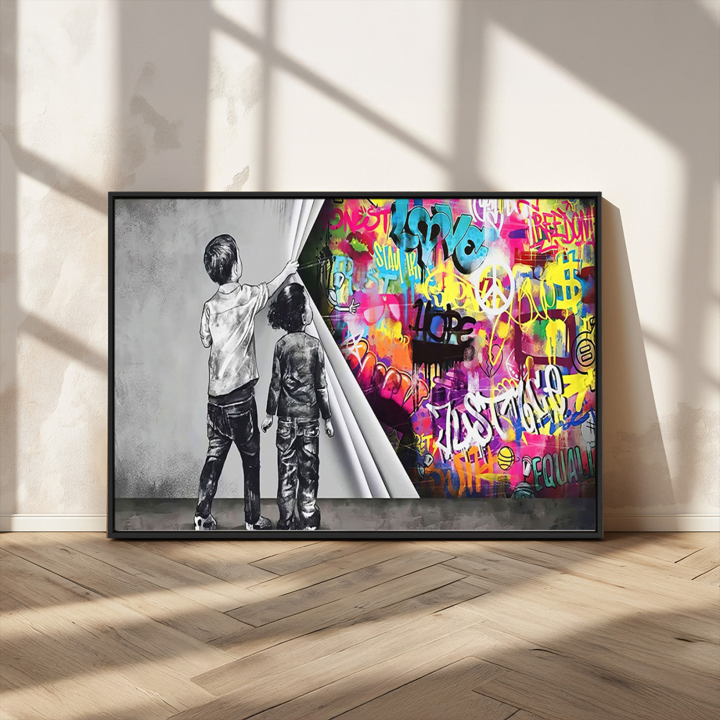 92809-MGV-CV-36X24-Banksy Print - Street Art Canvas Wall Art - Kids Revealing Graffiti, Urban Modern Decor for Living