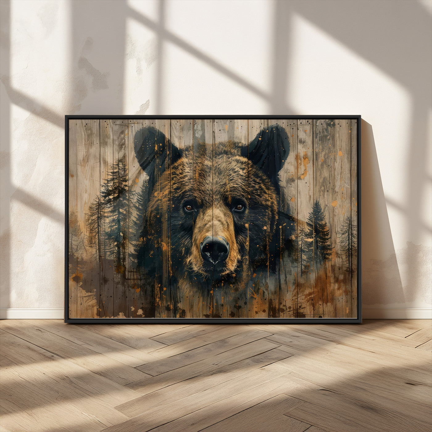 51373-MGV-CV-36X24-Abstract 399 Bear Wall Art | Rustic Cabin Wall Decor with Forest Design | Framed and Ready to Hang |