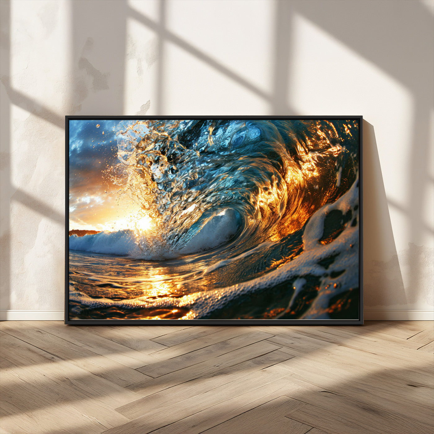 41370-MGV-CV-36X24-Ocean Wave at Sunset Canvas Wall Art – Vibrant Coastal Beach Waves Print, Large Nautical Decor,