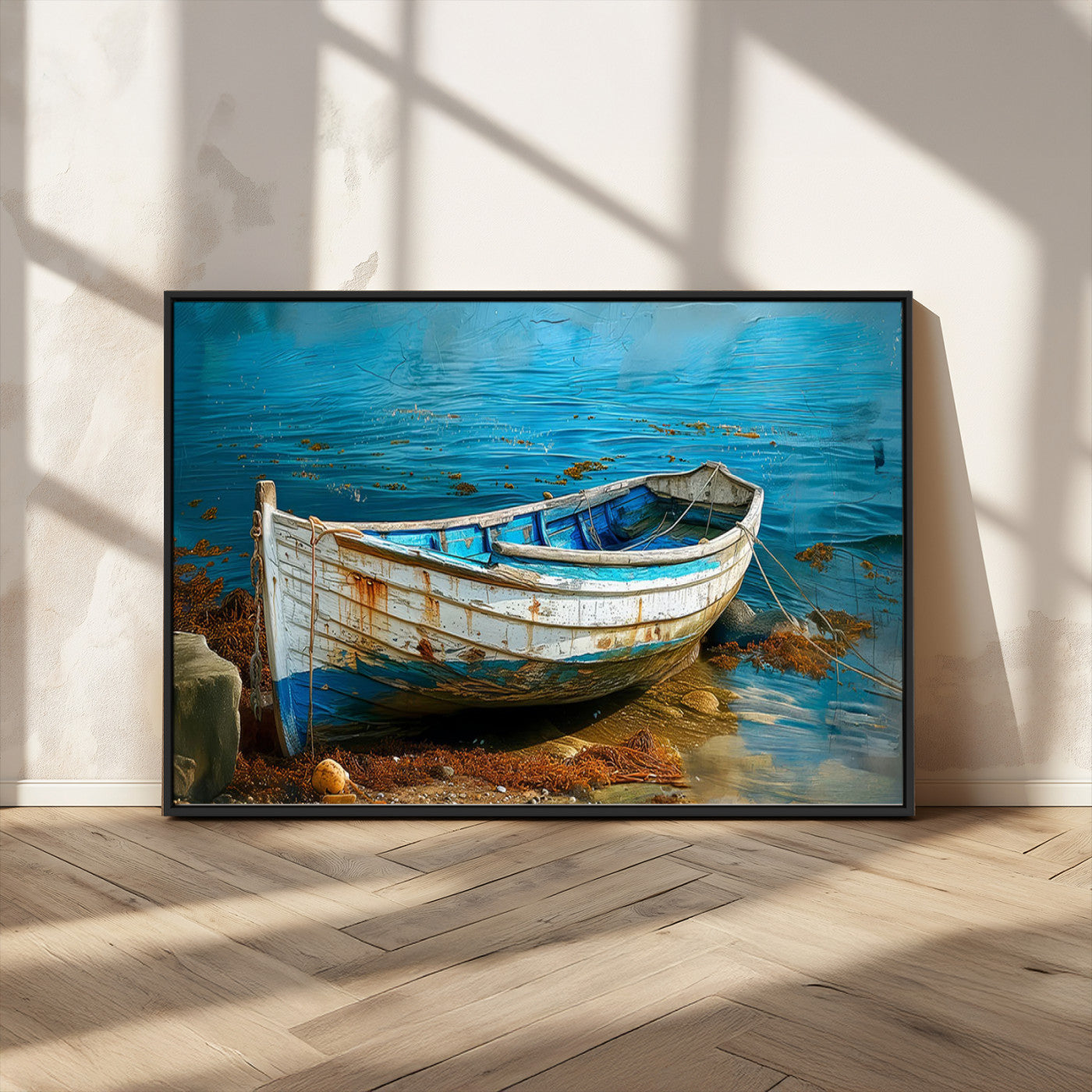 54716-MGV-FC-36X24_Black-Vintage Boat on Tranquil Waters | Coastal Wall Art for Nautical Decor | Rustic Triptych Canvas Print