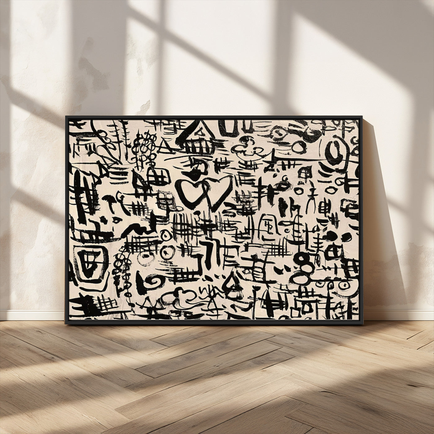 68273-MGV-FC-36X24 - Abstract Love and Chaos Canvas Print, Black Symbols on Beige