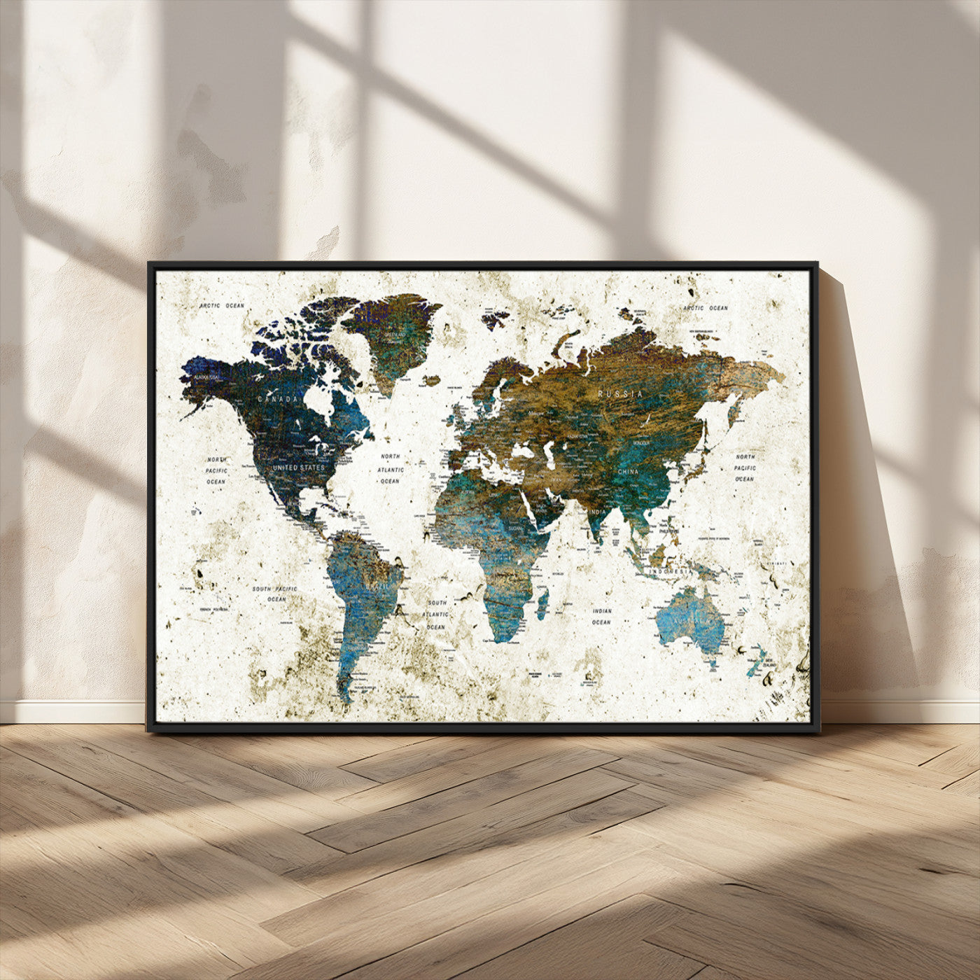 89176-MGV-CV-36X24-Vintage Blue and Brown World Map Canvas Wall Art – Framed Rustic Map Print, Earth Tone Travel Decor for Stylish Home and Office Walls