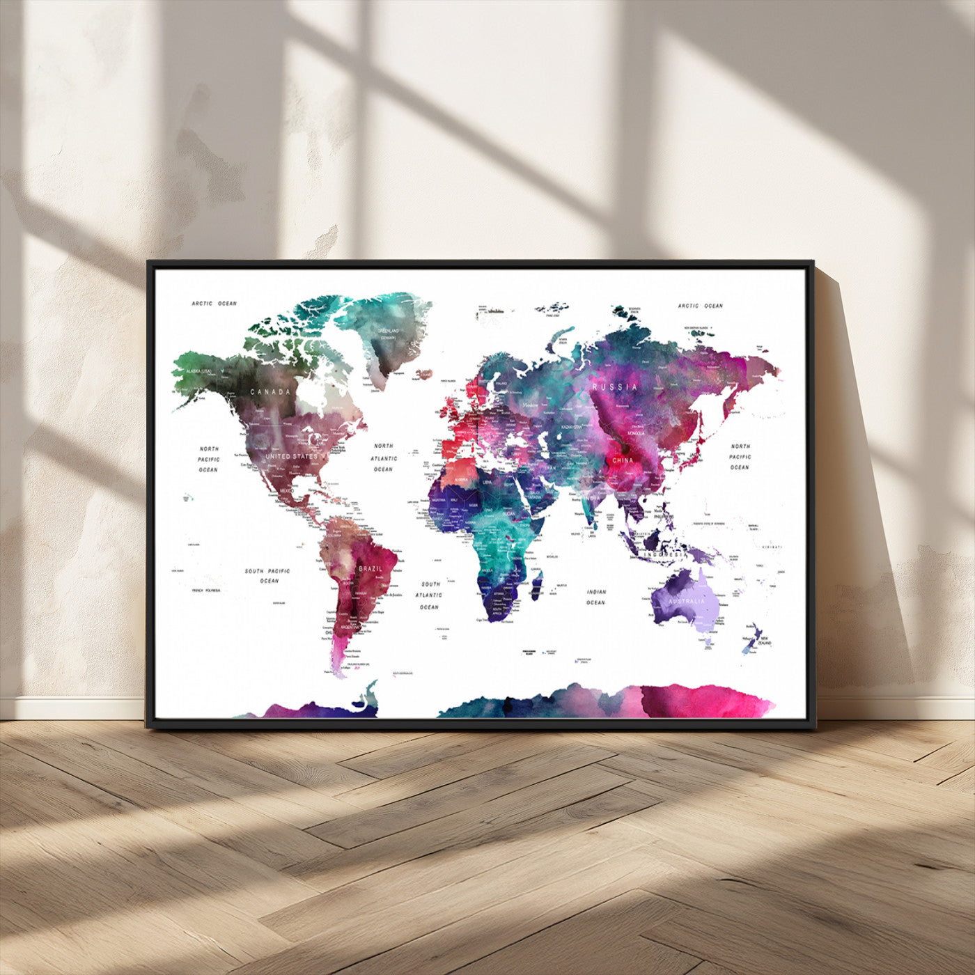 78176-MGV-CV-36X24-Colorful Watercolor World Map Canvas Wall Art – Framed Modern Map Print, Vibrant Travel Inspired Artwork for Home and Office Decor