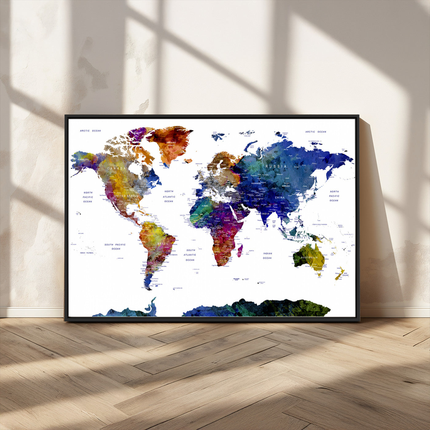 90446-MGV-FC-36X24_Black-Colorful Watercolor World Map Canvas Wall Art – Framed Modern Push Pin Travel Map for Home and Office Decor
