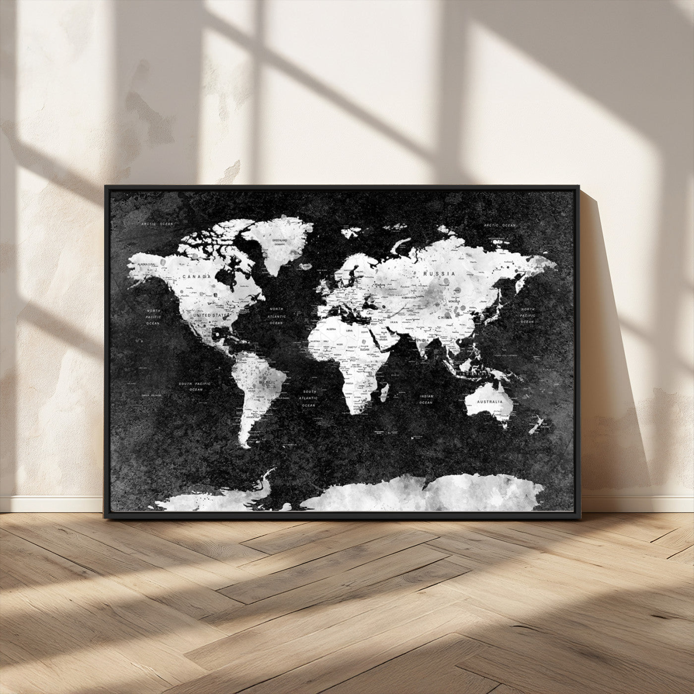 90682-MGV-CV-36X24-Black and White World Map Canvas Print – Framed Push Pin Wall Art for Couples, Modern Minimalist Travel Map for Elegant Home and Office Decor