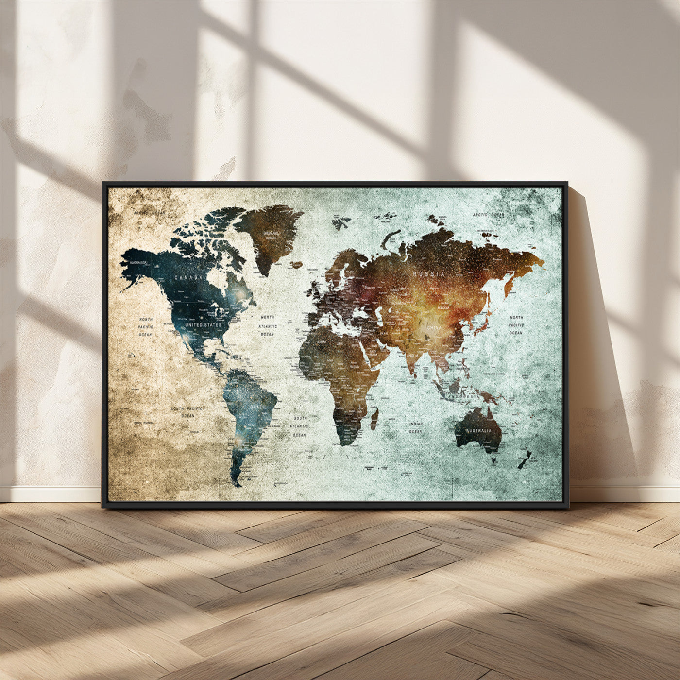 25140-MGV-CV-36X24-World Map Canvas Print – Framed Vintage Style Push Pin Wall Art, Elegant Travel Map Decor for Home or Office