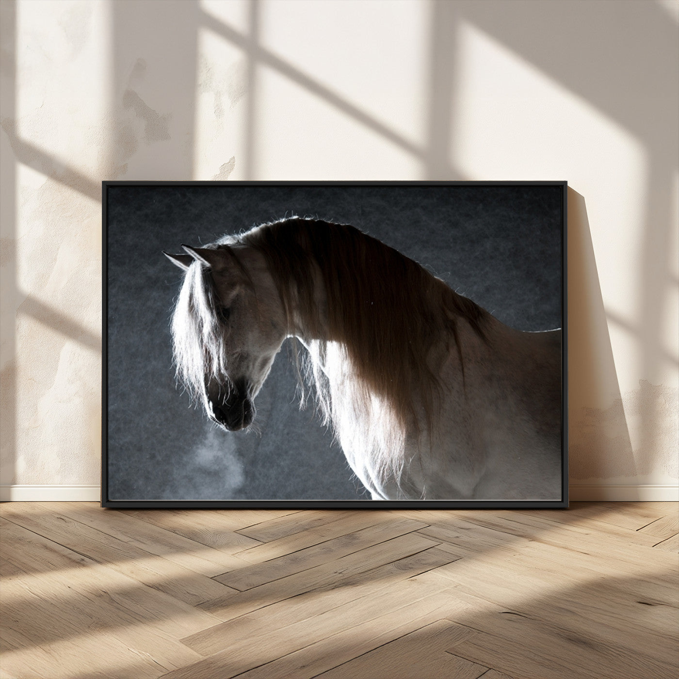 -Large Wall Art Cream Colored Horse on Grey Background Canvas Print