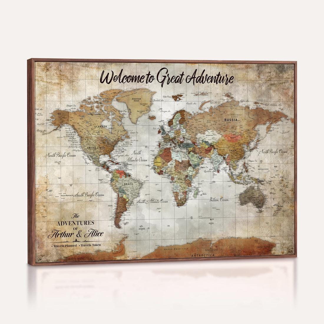 Personalized Beige Push Pin World Map Wall Art, Bucket List Map, Living Room and Family Room Decor