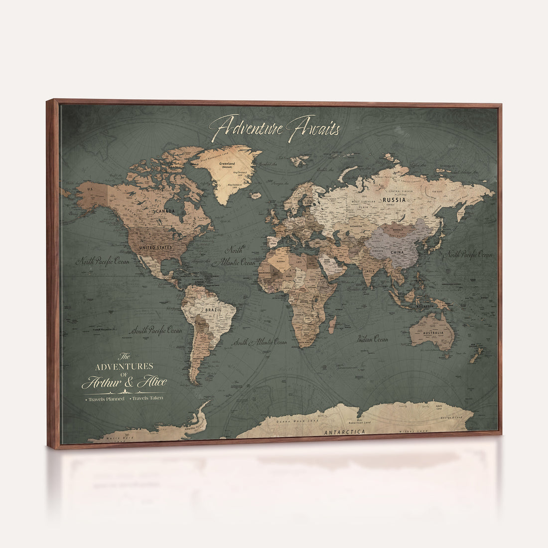 Personalized Framed Beige Modern World Map Canvas with Push Pins, Bucket List Map, Family Room and Dining Room Decor