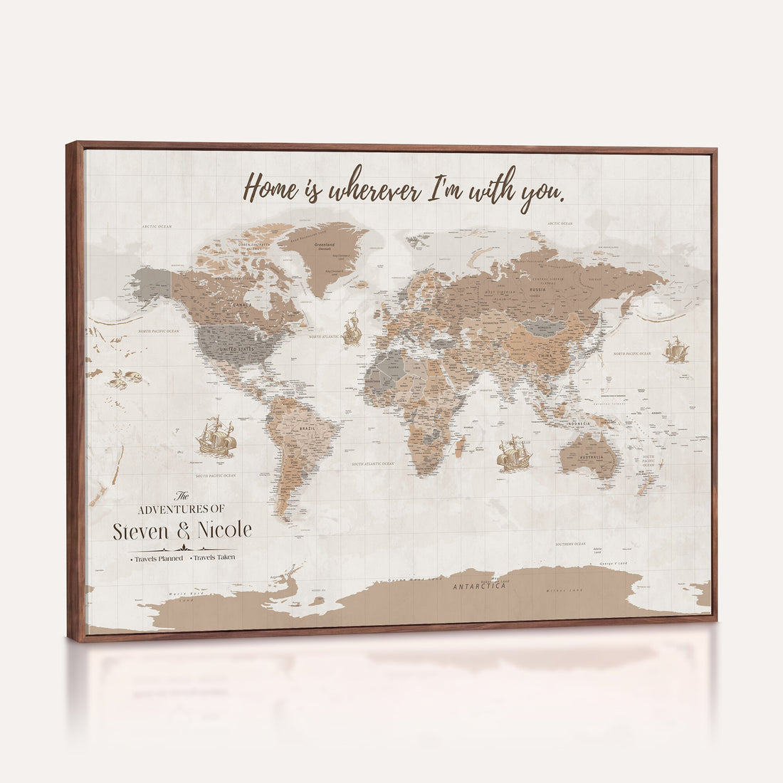 Personalized Beige Geometric Push Pin World Map Canvas Print, Countries Visited Map, Study and Home Office Decor