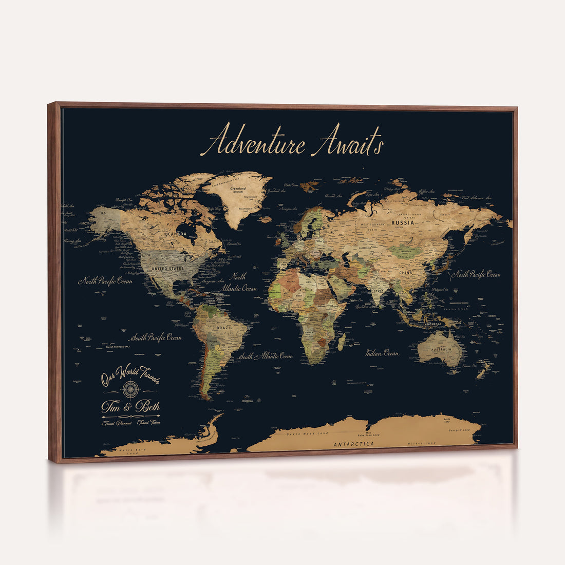 Personalized Navy Geometric World Map Canvas with Push Pins, Honeymoon and Anniversary Gift, Home Office and Hallway Decor