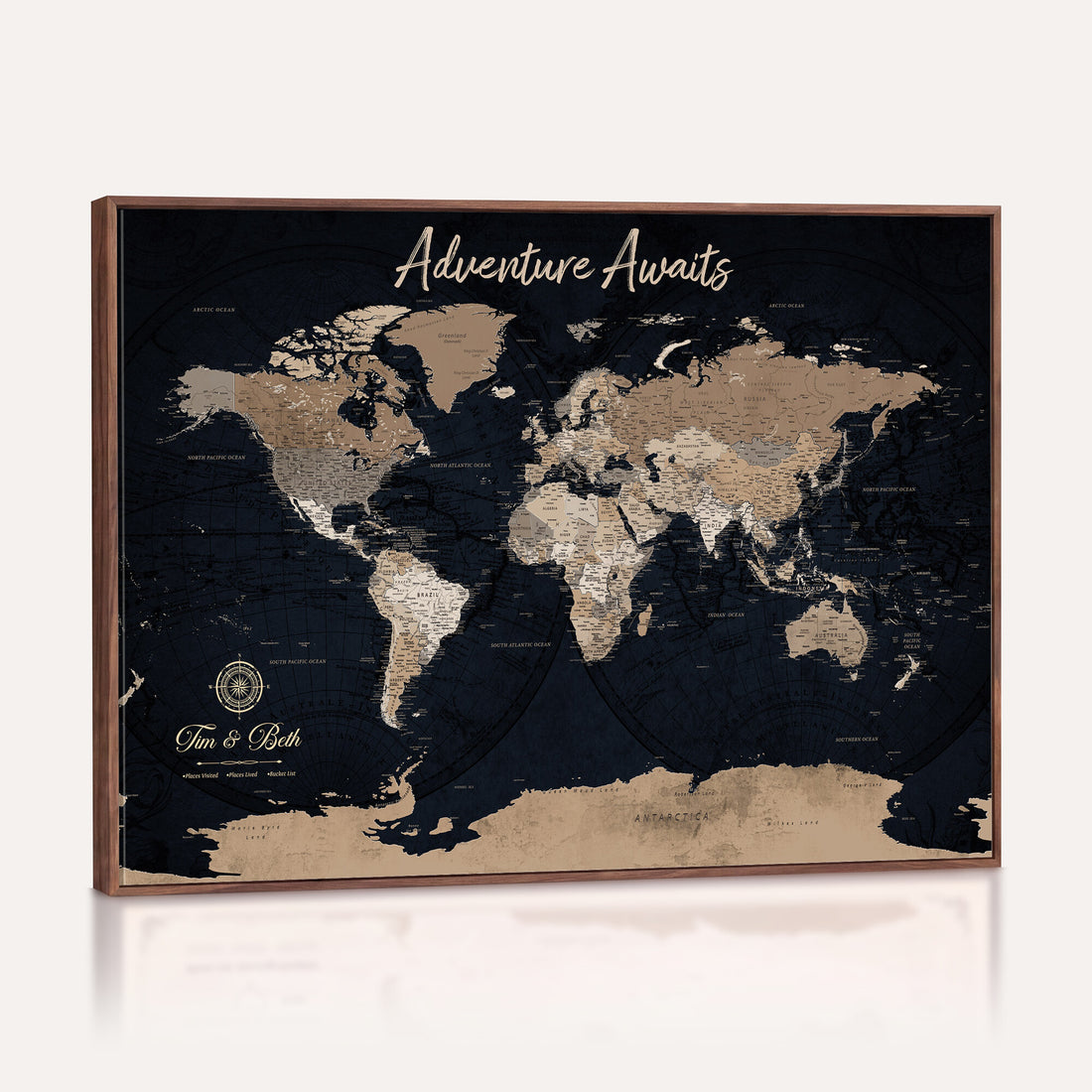 Personalized Framed Blue Vintage Push Pin World Map Canvas Print, Places Visited Tracker, Home Office and Hallway Decor