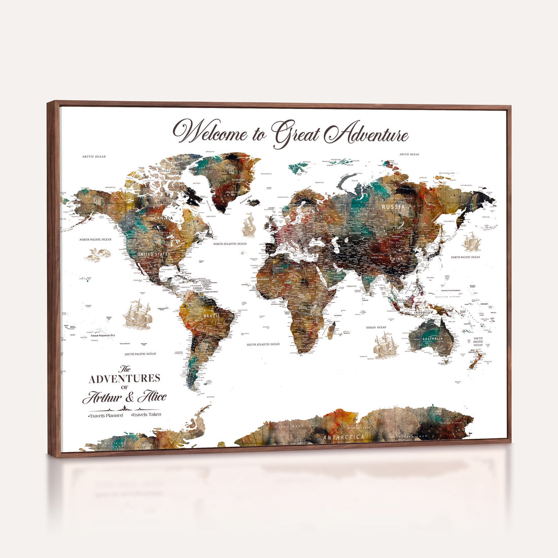 Custom Framed Beige Modern Push Pin World Map Wall Art, Couples Countries Visited Map, Study and Entryway Decor
